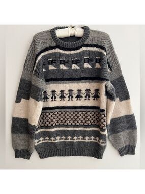 HAND MADE Pullover Crew Neck Sweater Balloon Sleeve Traditional Pattern Fuzzy